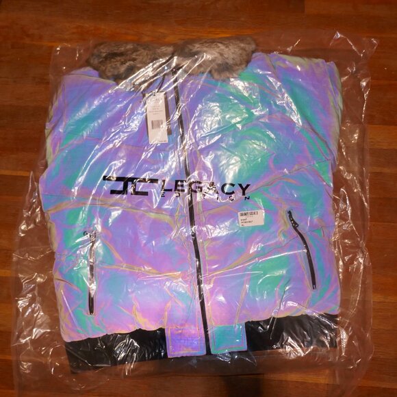 NEW MENS XL JORDAN CRAIG FLATBUSH BOMBER PUFFER FUR JACKET COAT Iridescent Glow - Picture 3 of 3